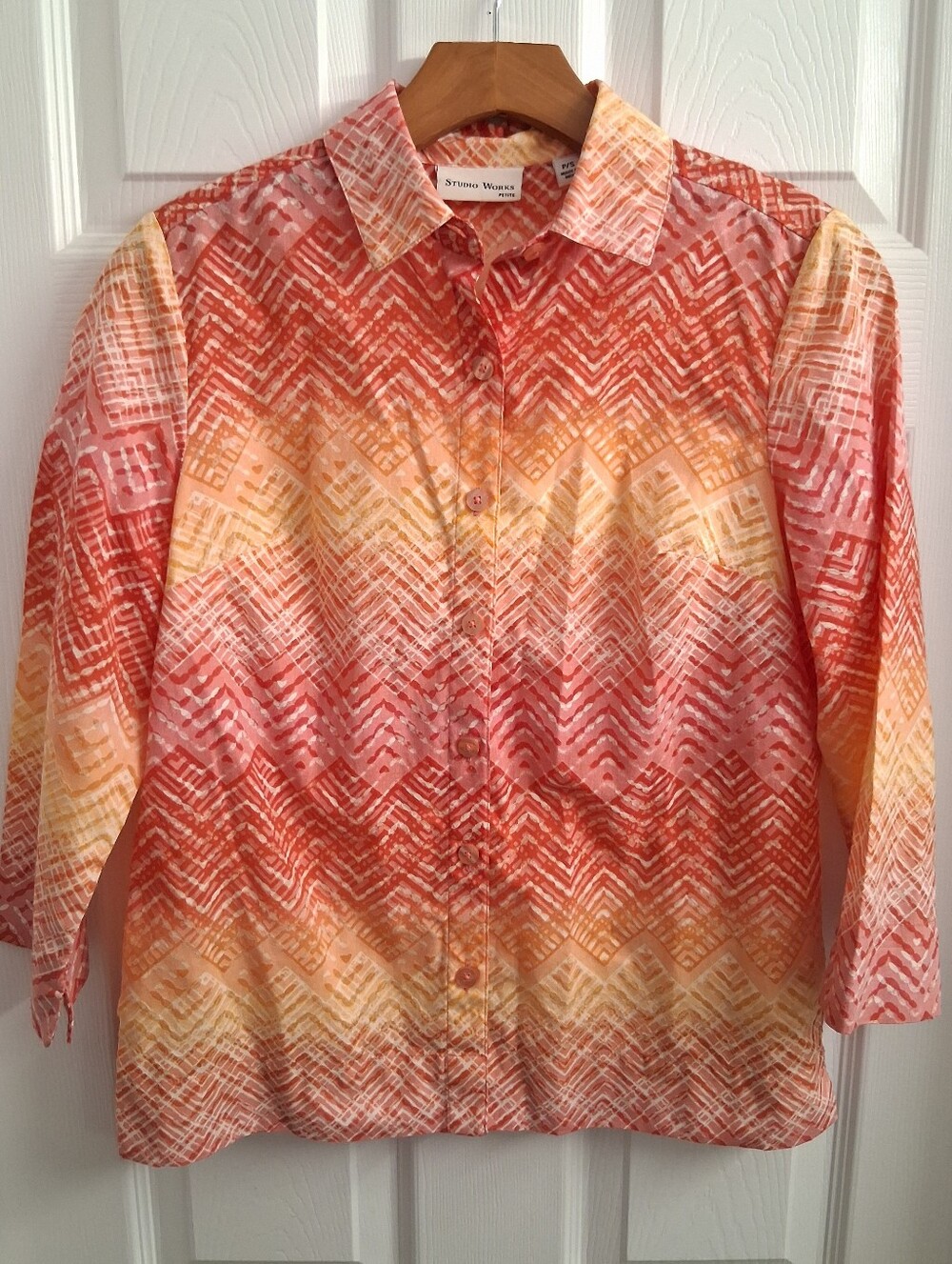 Studio Works Petite Small Red And Orange Patterned Button Down Shirt
